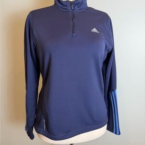 Adidas Cozy Size L Navy Quarter-Zip Top with Blue Adidas Stripes